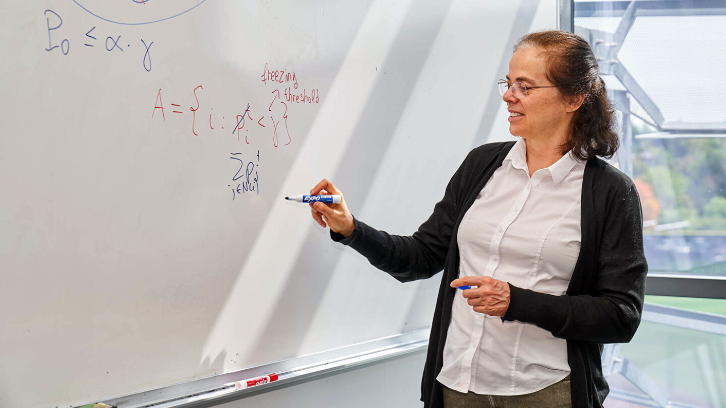 Dave Burbank; Éva Tardos at a whiteboard; source: https://www.amazon.science/research-awards/success-stories/learning-in-game-theoretical-models; used with the photographer’s permission, supplied by Olivier on 25 September 2026 Éva Tardos explaining ideas at a whiteboard